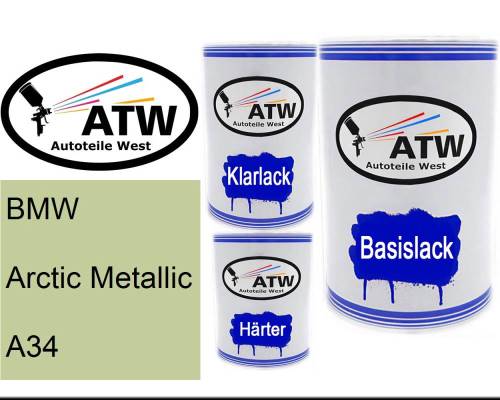 BMW, Arctic Metallic, A34: 500ml Lackdose + 500ml Klarlack + 250ml Härter - Set, von ATW Autoteile West.